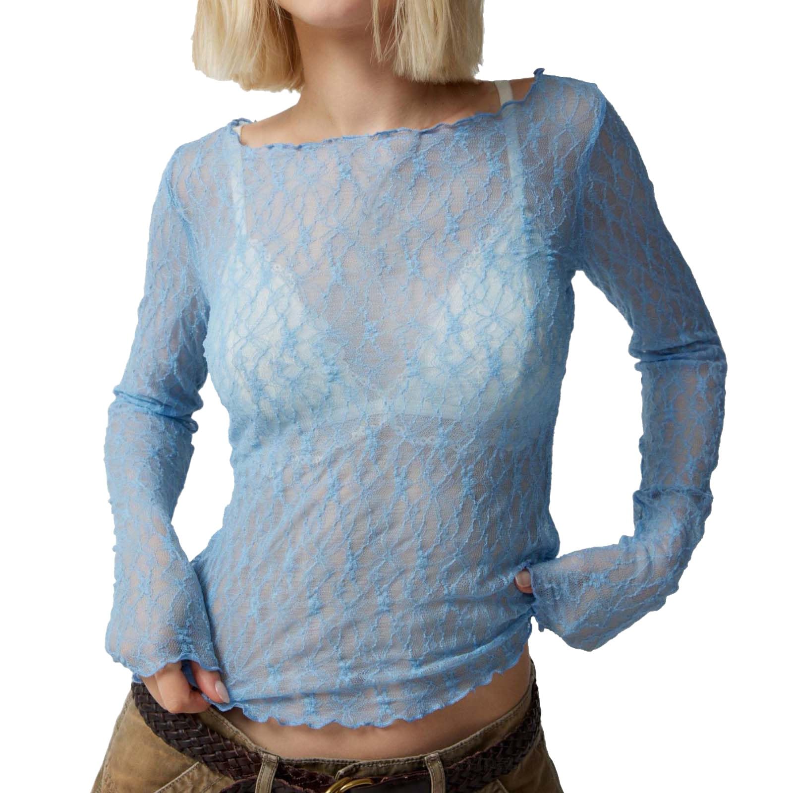 Women's Sheer Mesh Long Sleeve Tops Slim Fit Lace Trim Crew Neck